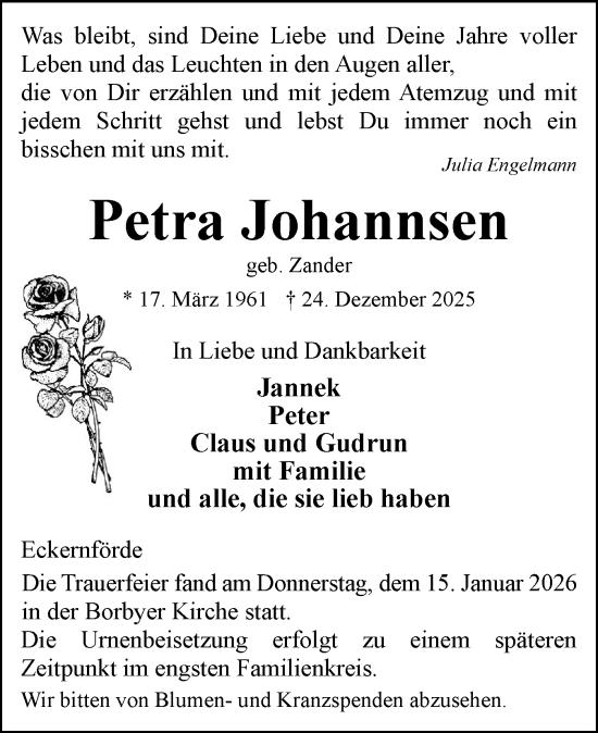 Traueranzeige von Petra Johannsen von Hallo Eckernförde