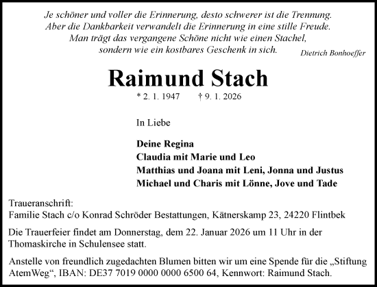 Traueranzeige von Raimund Stach von Schleswig-Holsteinische Landeszeitung