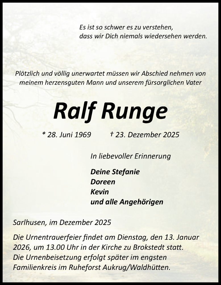  Traueranzeige für Ralf Runge vom 10.01.2026 aus Norddeutsche Rundschau, Wilstersche Zeitung, Glückstädter Fortuna