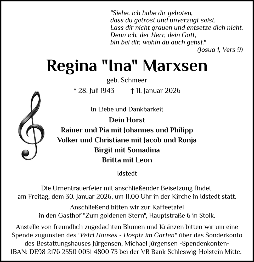 Traueranzeige für Regina Marxsen vom 17.01.2026 aus Schleswiger Nachrichten, Schlei-Bote