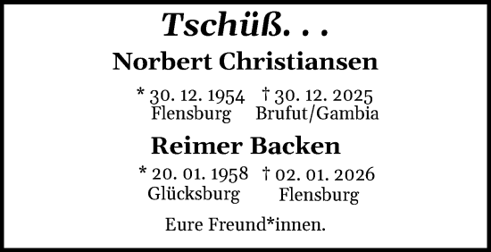 Traueranzeige von Reimer Backen von Flensburger Tageblatt