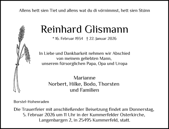 Traueranzeige von Reinhard Glismann von Region Pinneberg und tip Pinneberg