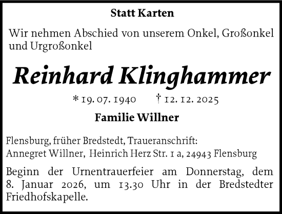 Traueranzeige von Reinhard Klinghammer von Husumer Nachrichten, Nordfriesland Tageblatt