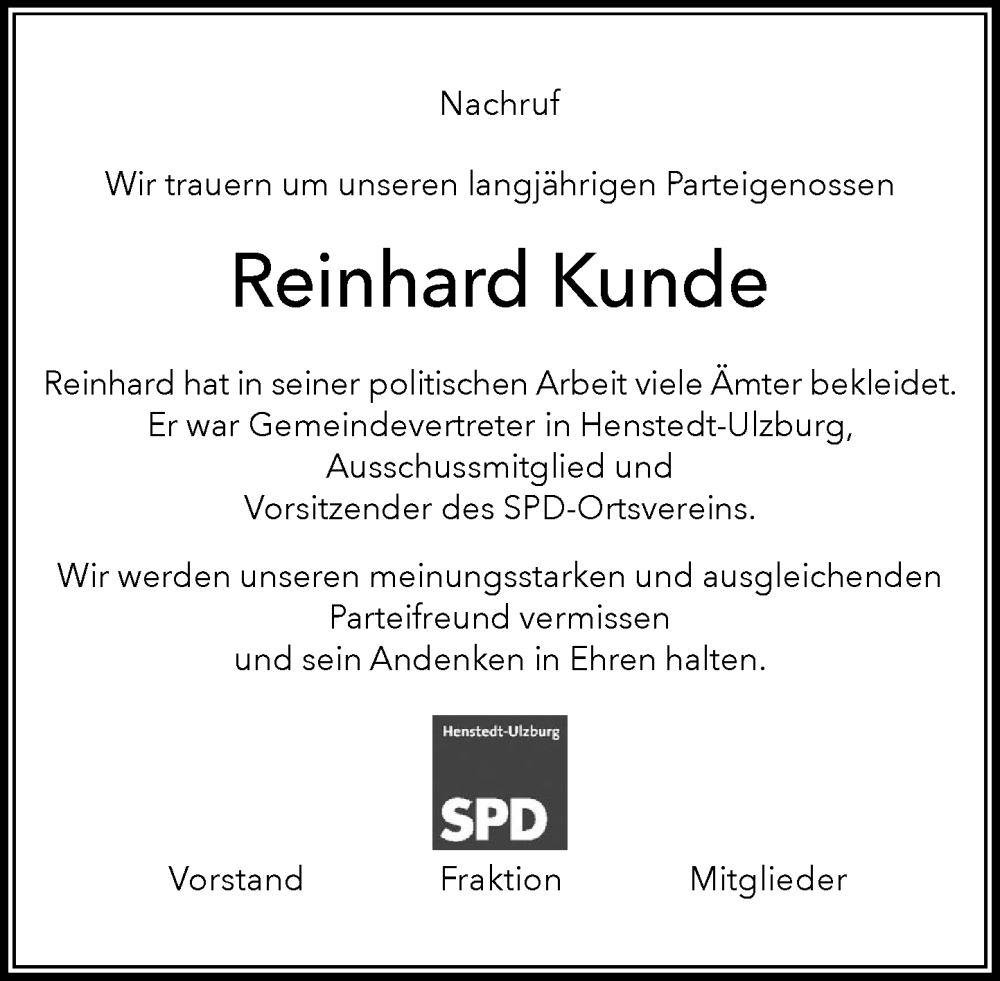  Traueranzeige für Reinhard Kunde vom 31.01.2026 aus Umschau