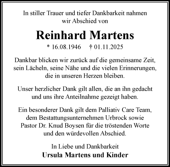 Traueranzeige von Reinhard Martens von MARKT Ratzeburg/Mölln