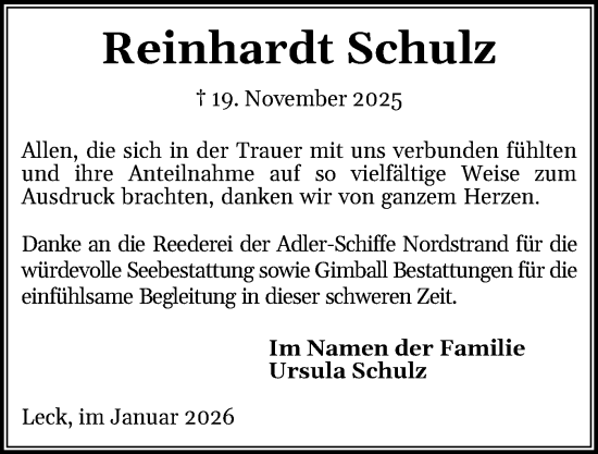 Traueranzeige von Reinhardt Schulz von Husumer Nachrichten, Nordfriesland Tageblatt