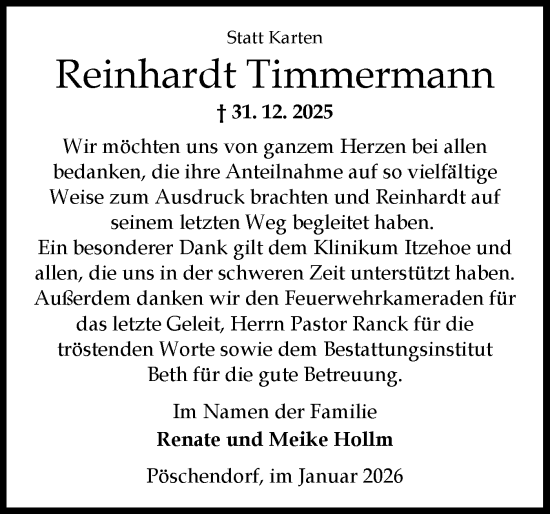 Traueranzeige von Reinhardt Timmermann von Norddeutsche Rundschau, Wilstersche Zeitung, Glückstädter Fortuna
