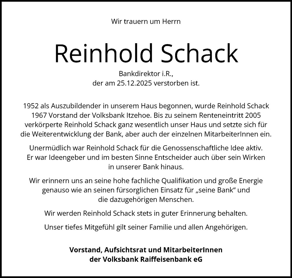  Traueranzeige für Reinhold Schack vom 03.01.2026 aus Region Südwest