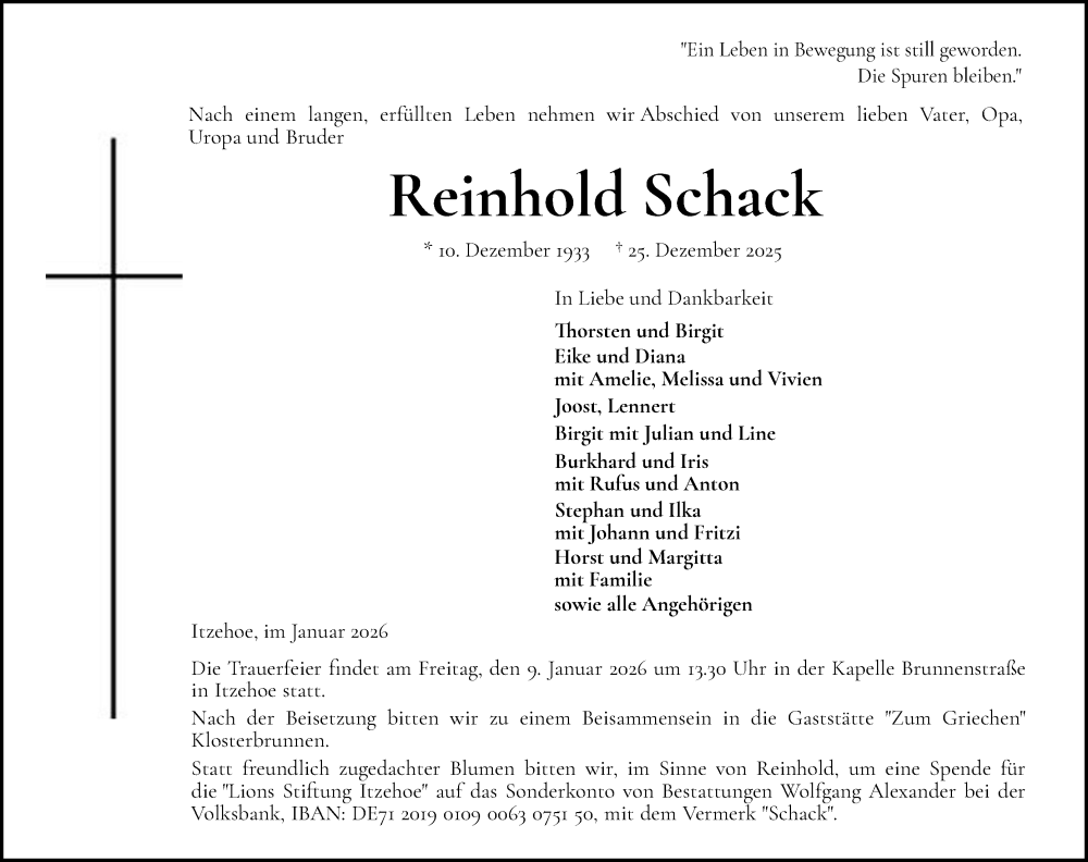  Traueranzeige für Reinhold Schack vom 03.01.2026 aus Norddeutsche Rundschau, Wilstersche Zeitung, Glückstädter Fortuna