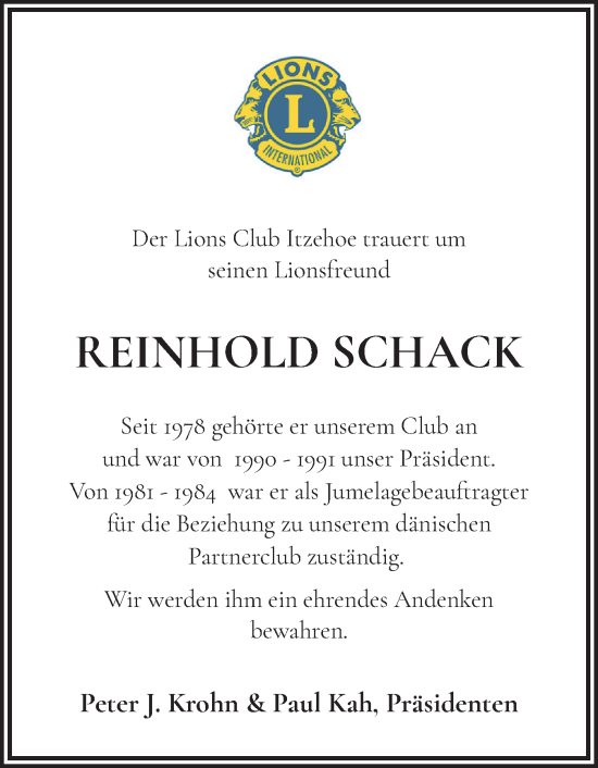 Traueranzeige von Reinhold Schack von Norddeutsche Rundschau, Wilstersche Zeitung, Glückstädter Fortuna