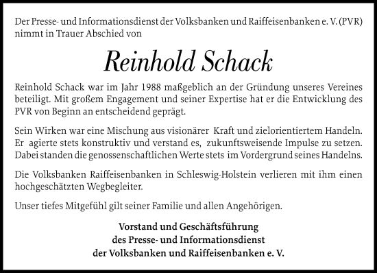 Traueranzeige von Reinhold Schack von Norddeutsche Rundschau, Wilstersche Zeitung, Glückstädter Fortuna
