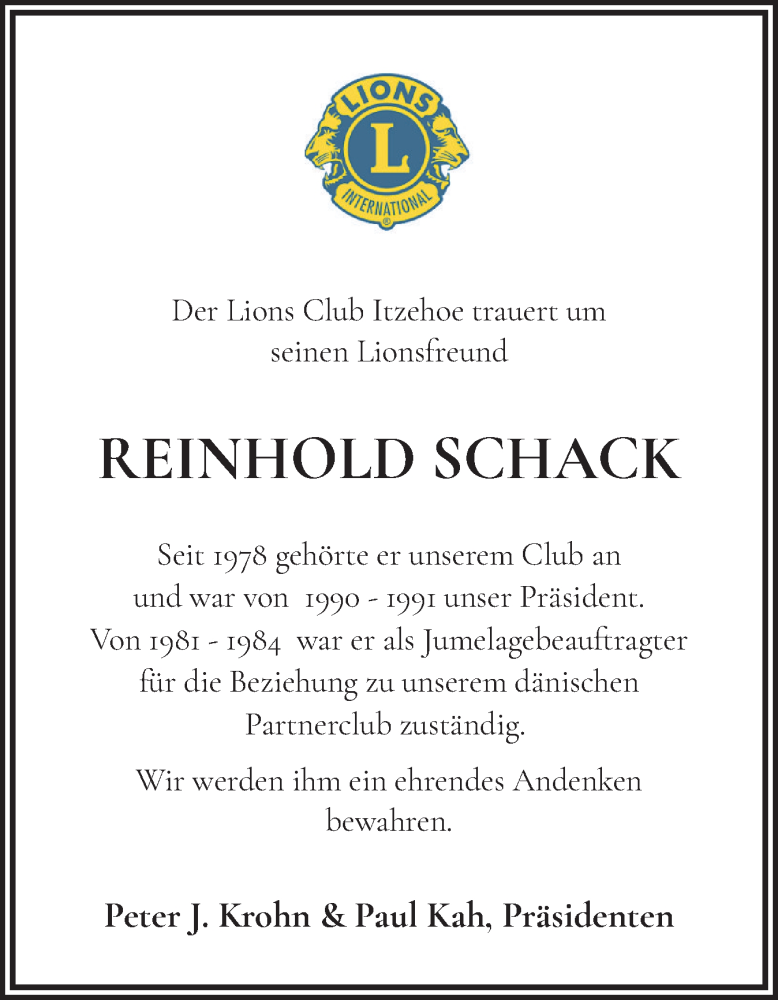  Traueranzeige für Reinhold Schack vom 03.01.2026 aus Norddeutsche Rundschau, Wilstersche Zeitung, Glückstädter Fortuna