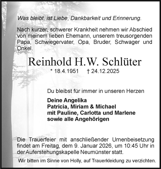 Traueranzeige von Reinhold H.W. Schlüter von Holsteinischer Courier