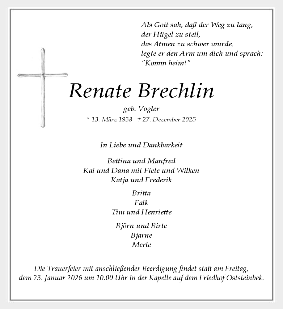  Traueranzeige für Renate Brechlin vom 10.01.2026 aus MARKT Glinde/Reinfeld