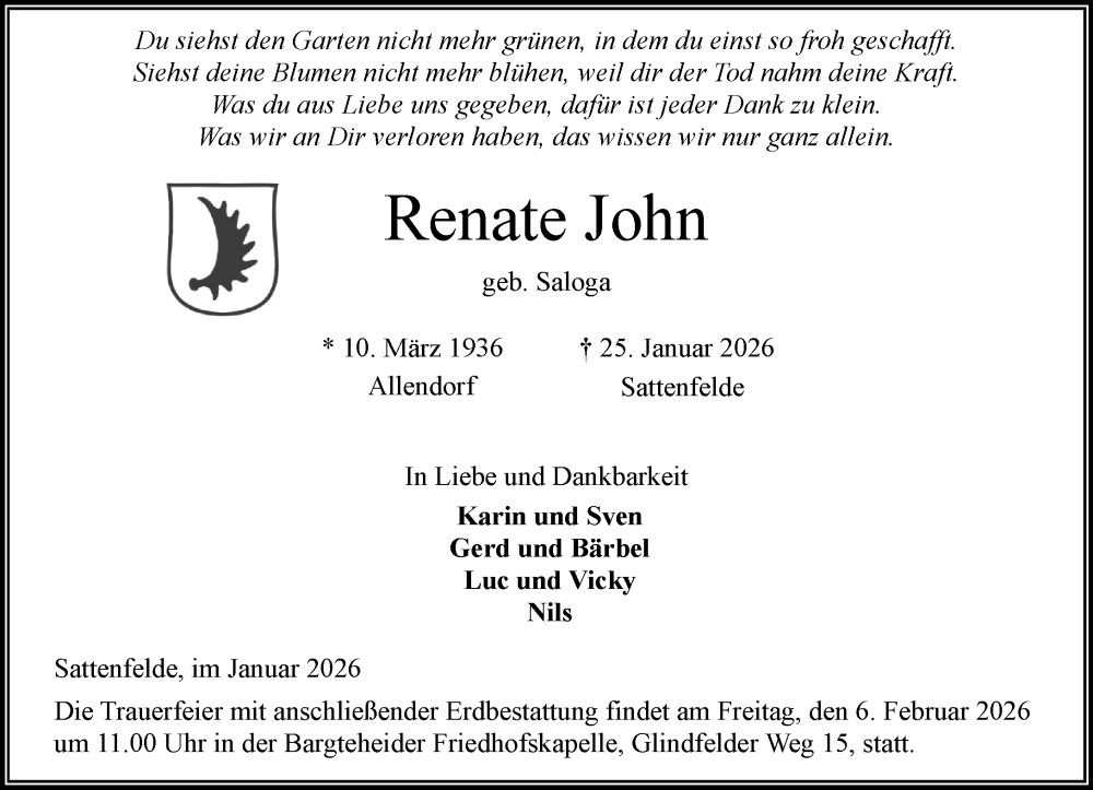  Traueranzeige für Renate John vom 31.01.2026 aus MARKT Ahrensburg/Bargteheide/Trittau und Stormarner Tageblatt