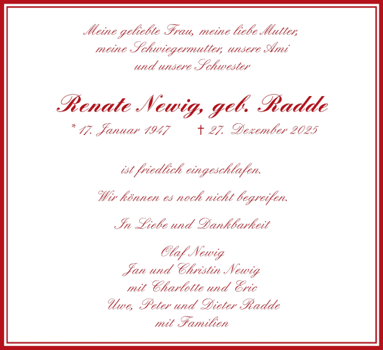 Traueranzeige von Renate Newig von Sylter Rundschau
