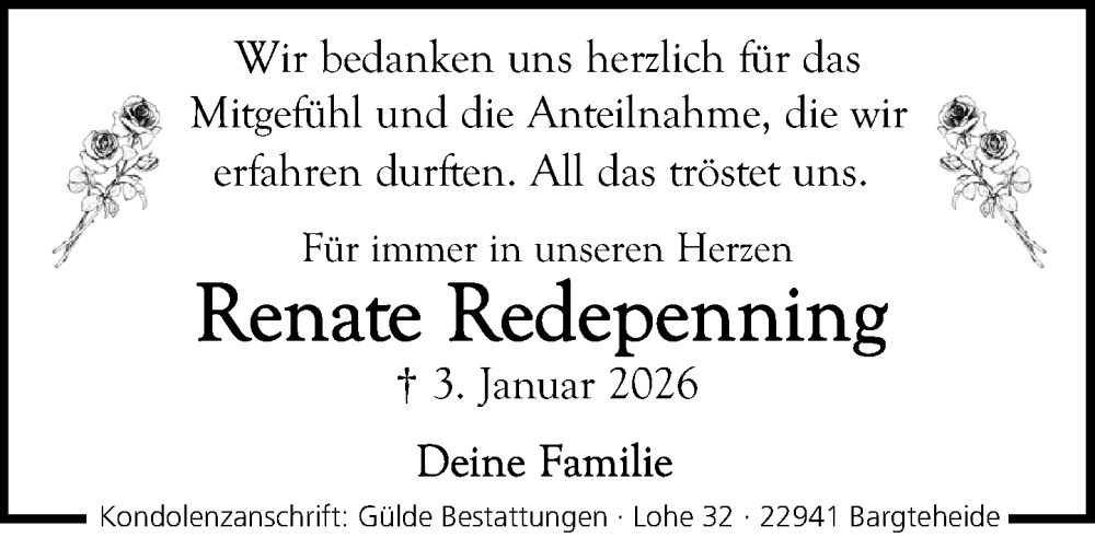  Traueranzeige für Renate Redepenning vom 31.01.2026 aus MARKT Ahrensburg/Bargteheide/Trittau und Stormarner Tageblatt