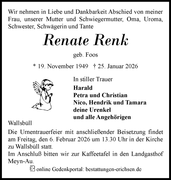 Traueranzeige von Renate Renk von Flensburger Tageblatt