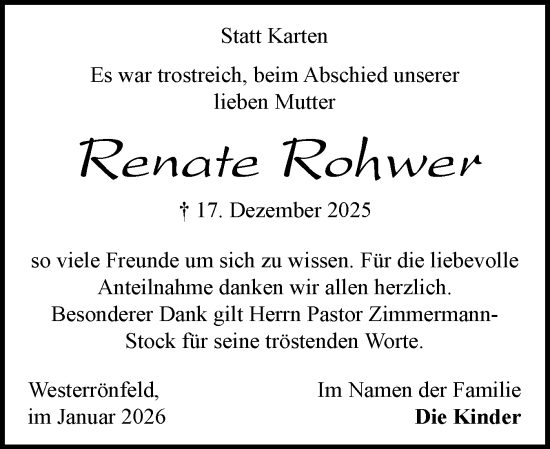 Traueranzeige von Renate Rohwer von Schleswig-Holsteinische Landeszeitung