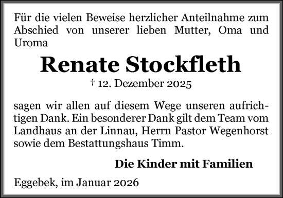 Traueranzeige von Renate Stockfleth von Flensburger Tageblatt, Schleswiger Nachrichten, Schlei-Bote