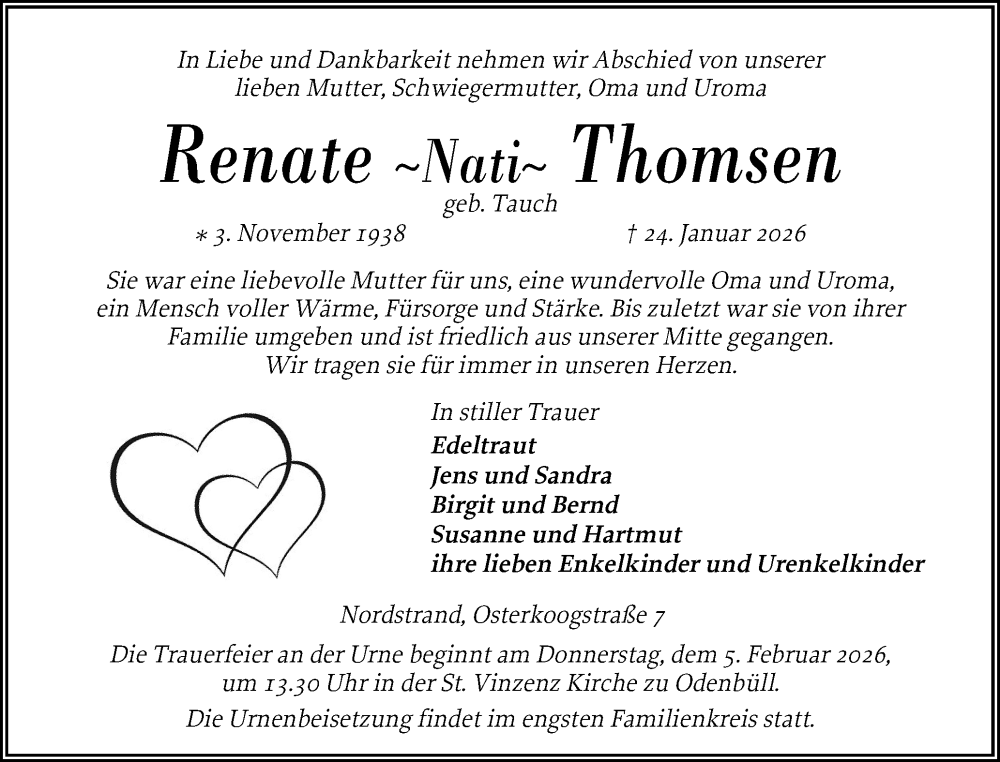  Traueranzeige für Renate Thomsen vom 30.01.2026 aus Husumer Nachrichten, Nordfriesland Tageblatt