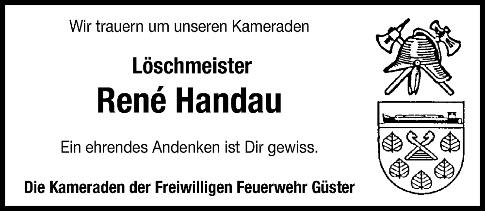  Traueranzeige für René Handau vom 10.01.2026 aus Wochenend Anzeiger