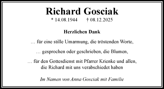 Traueranzeige von Richard Gosciak von MARKT Ratzeburg/Mölln