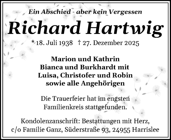 Traueranzeige von Richard Hartwig von Flensburger Tageblatt