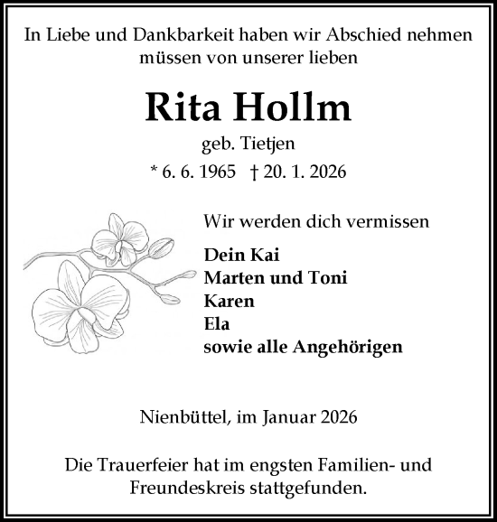 Traueranzeige von Rita Hollm von Norddeutsche Rundschau, Wilstersche Zeitung, Glückstädter Fortuna