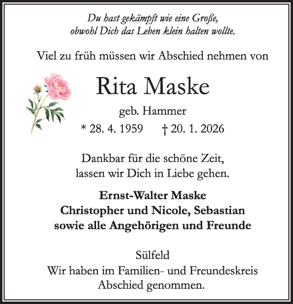  Traueranzeige für Rita Maske vom 31.01.2026 aus MARKT Ahrensburg/Bargteheide/Trittau und Stormarner Tageblatt