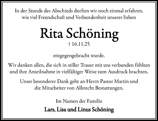 Traueranzeige von Rita Schöning von MARKT Ratzeburg/Mölln