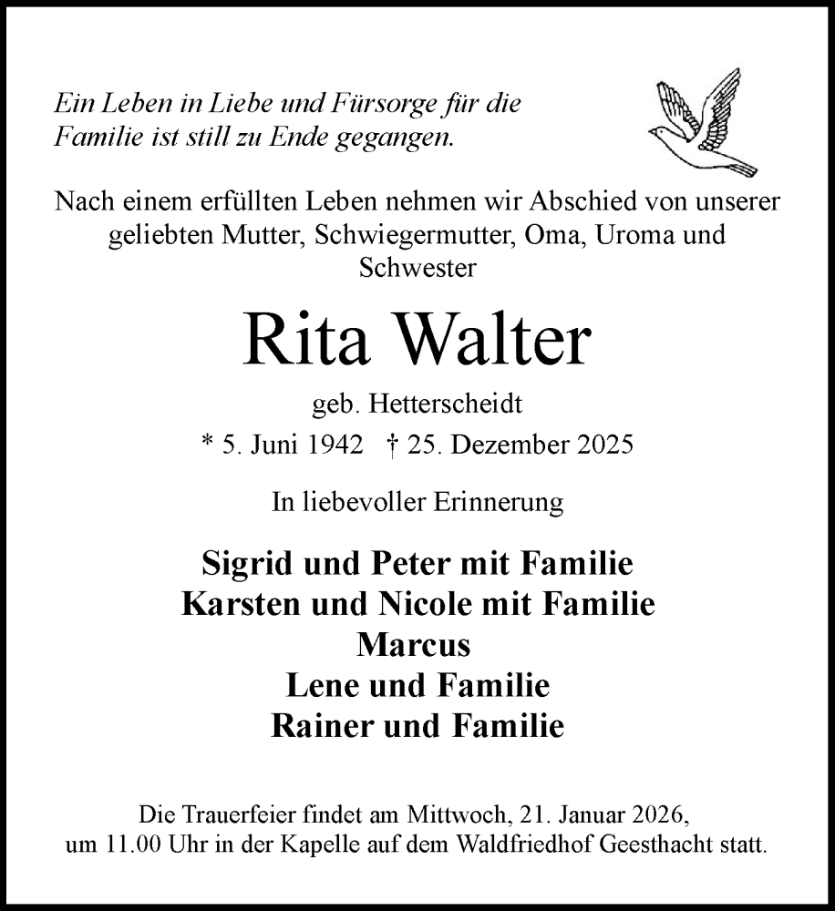  Traueranzeige für Rita Walter vom 17.01.2026 aus Wochenend Anzeiger