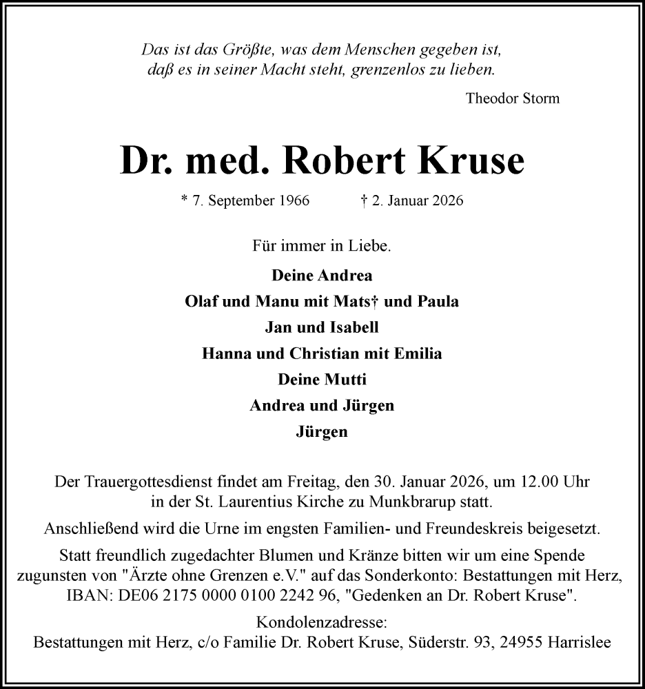  Traueranzeige für Robert Kruse vom 10.01.2026 aus Flensburger Tageblatt