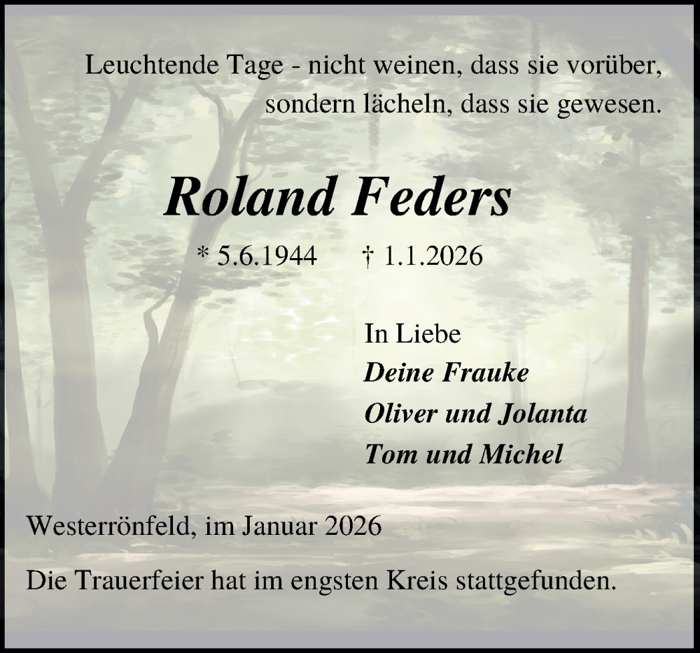  Traueranzeige für Roland Feders vom 17.01.2026 aus Schleswig-Holsteinische Landeszeitung