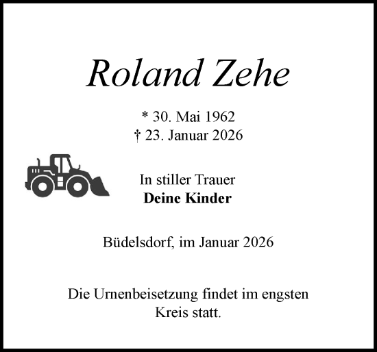 Traueranzeige von Roland Zehe von Schleswig-Holsteinische Landeszeitung