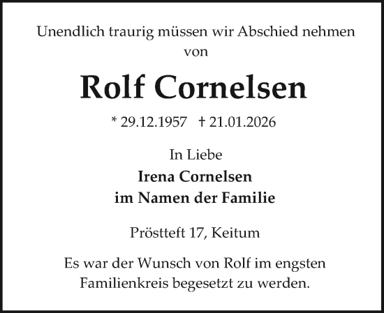 Traueranzeige von Rolf Cornelsen von Sylter Rundschau