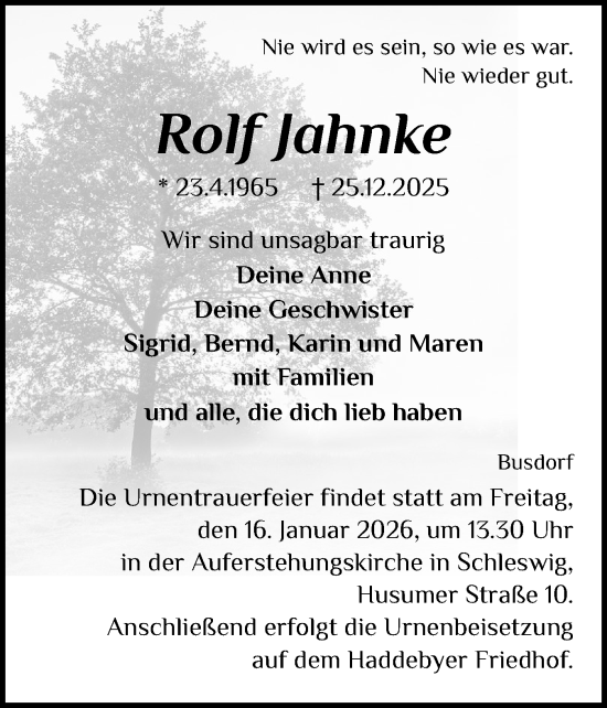 Traueranzeige von Rolf Jahnke von Schleswiger Nachrichten, Schlei-Bote