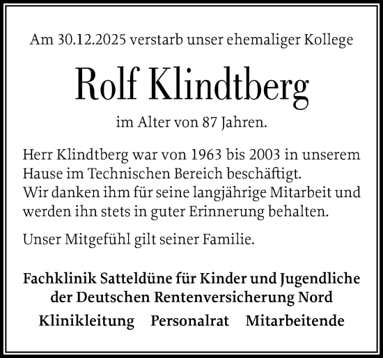Traueranzeige von Rolf Klindtberg von Der Insel-Bote