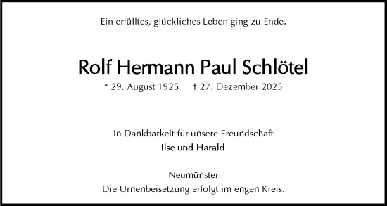 Traueranzeige von Rolf Hermann Paul Schlötel von Holsteinischer Courier