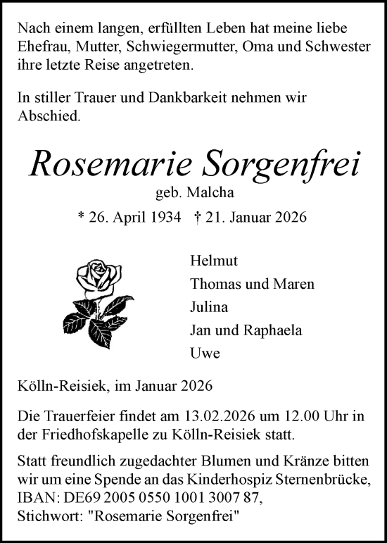 Traueranzeige von Rosemarie Sorgenfrei von Elmshorner Nachrichten, Barmstedter Zeitung