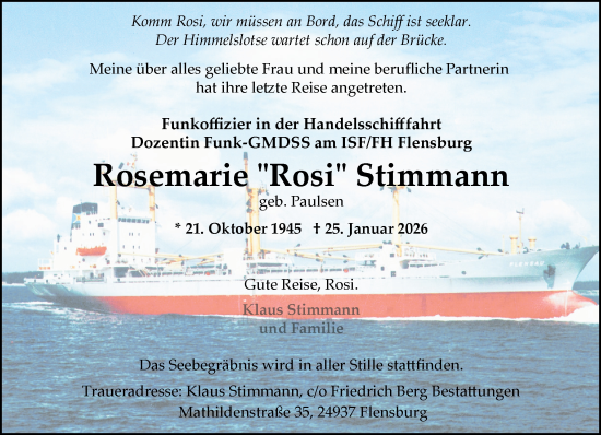 Traueranzeige von Rosemarie Stimmann von Flensburger Tageblatt