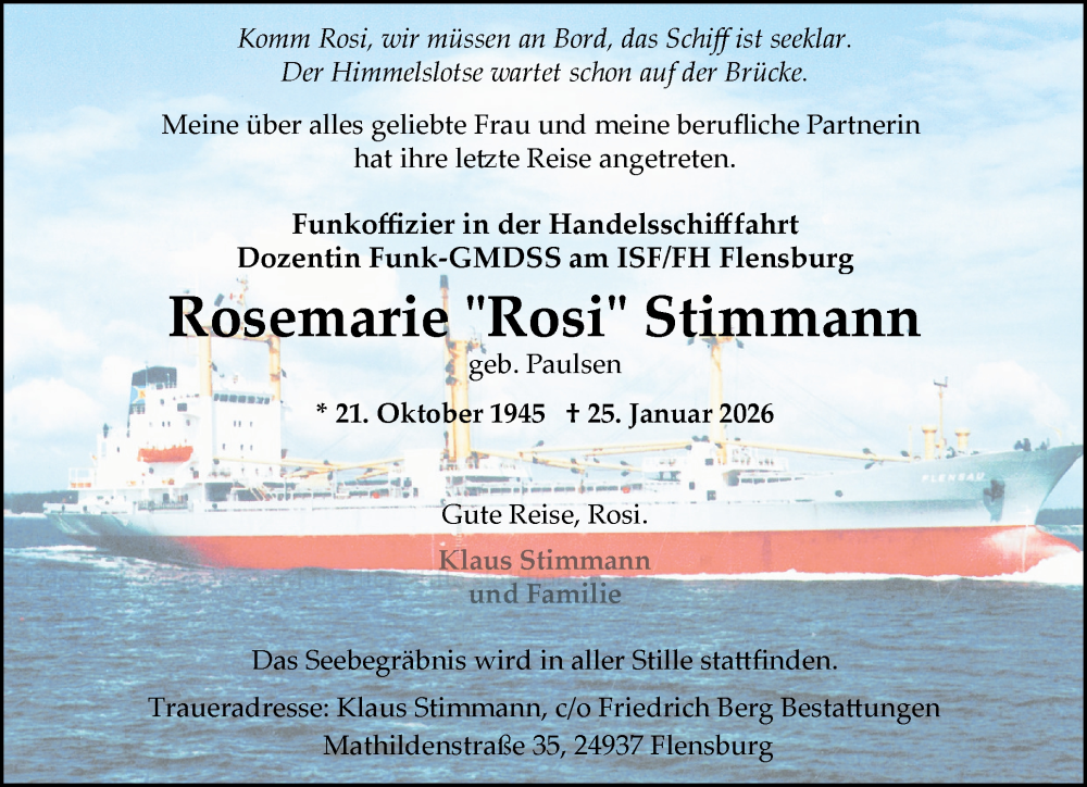  Traueranzeige für Rosemarie Stimmann vom 31.01.2026 aus Flensburger Tageblatt