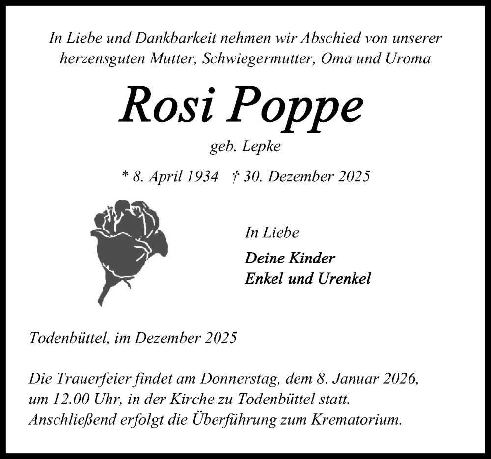  Traueranzeige für Rosi Poppe vom 06.01.2026 aus Schleswig-Holsteinische Landeszeitung