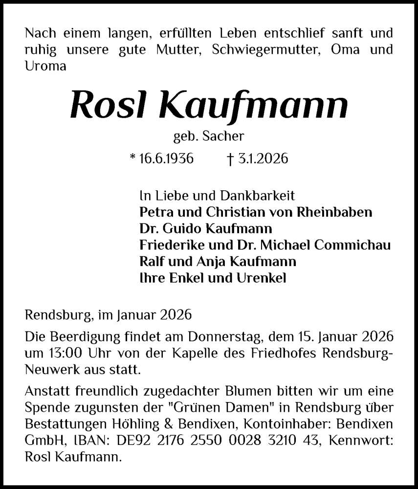  Traueranzeige für Rosl Kaufmann vom 10.01.2026 aus Schleswig-Holsteinische Landeszeitung