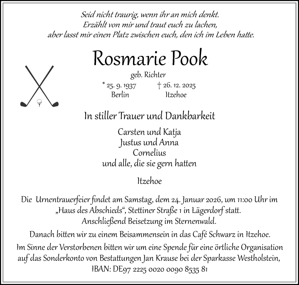  Traueranzeige für Rosmarie Pook vom 10.01.2026 aus Norddeutsche Rundschau, Wilstersche Zeitung, Glückstädter Fortuna