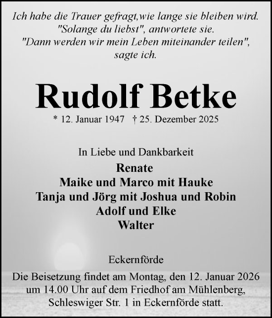 Traueranzeige von Rudolf Betke von Eckernförder Zeitung, Hallo Eckernförde