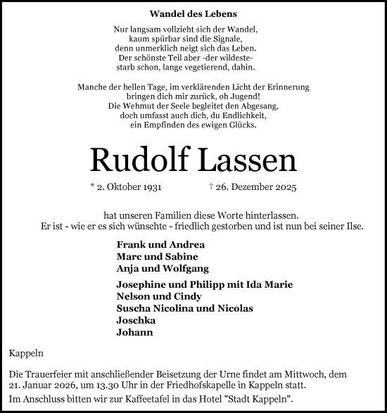 Traueranzeige von Rudolf Lassen von Schleswiger Nachrichten, Schlei-Bote