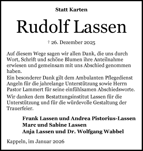 Traueranzeige von Rudolf Lassen von Schleswiger Nachrichten, Schlei-Bote