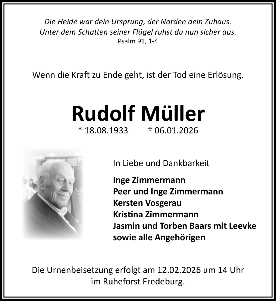  Traueranzeige für Rudolf Müller vom 31.01.2026 aus MARKT Ratzeburg/Mölln