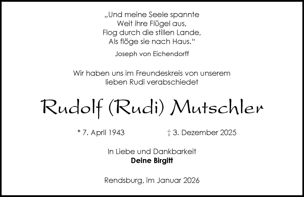  Traueranzeige für Rudolf Mutschler vom 10.01.2026 aus Schleswig-Holsteinische Landeszeitung